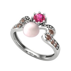 Pembe inci, rodolit garnet ve dumanlı kuvars 14 ayar beyaz altın yüzük