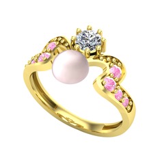Ner İnci Yüzük - Pembe inci, swarovski ve pembe kuvars 18 ayar altın yüzük #1dctbnu
