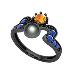 Ner İnci Yüzük - Siyah inci, sitrin ve lab safir 925 ayar siyah rodyum kaplama gümüş yüzük #1di5lge