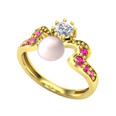 Ner İnci Yüzük - Pembe inci, pırlanta ve rodolit garnet 8 ayar altın yüzük (0.35 karat) #1dko953