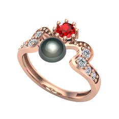 Siyah inci, garnet ve swarovski 14 ayar rose altın yüzük