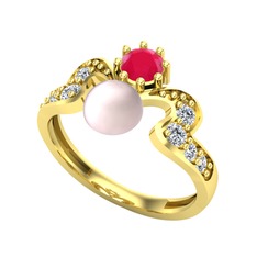 Ner İnci Yüzük - Pembe inci, kök yakut ve swarovski 18 ayar altın yüzük #1dkzd4l
