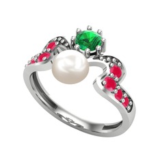 Ner İnci Yüzük - Inci, yeşil kuvars ve kök yakut 14 ayar beyaz altın yüzük #1e0b04a