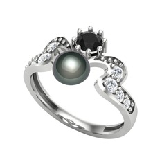 Ner İnci Yüzük - Siyah inci, siyah zirkon ve pırlanta 8 ayar beyaz altın yüzük (0.48 karat) #1e5gpj5