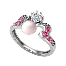 Pembe inci, pırlanta ve rodolit garnet 14 ayar beyaz altın yüzük (0.35 karat)