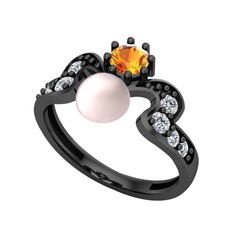 Ner İnci Yüzük - Pembe inci, sitrin ve swarovski 925 ayar siyah rodyum kaplama gümüş yüzük #1elsw5d