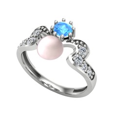 Ner İnci Yüzük - Pembe inci, akuamarin ve swarovski 18 ayar beyaz altın yüzük #1eqbxhq