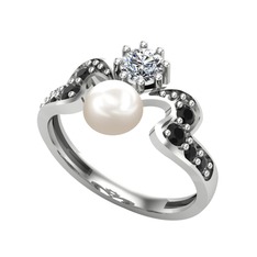 Ner İnci Yüzük - Inci, swarovski ve siyah zirkon 14 ayar beyaz altın yüzük #1f5ph4c