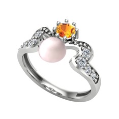 Ner İnci Yüzük - Pembe inci, sitrin ve swarovski 18 ayar beyaz altın yüzük #1f95jhv