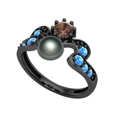 Ner İnci Yüzük - Siyah inci, dumanlı kuvars ve akuamarin 925 ayar siyah rodyum kaplama gümüş yüzük #1fgmln9