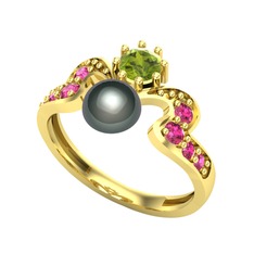 Siyah inci, peridot ve rodolit garnet 18 ayar altın yüzük