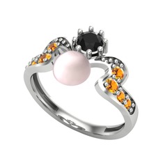 Ner İnci Yüzük - Pembe inci, siyah zirkon ve sitrin 18 ayar beyaz altın yüzük #1fv4e7y