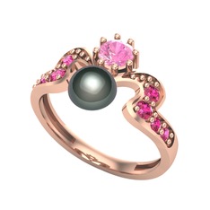 Siyah inci, pembe kuvars ve rodolit garnet 925 ayar rose altın kaplama gümüş yüzük