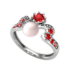 Ner İnci Yüzük - Pembe inci ve garnet 18 ayar beyaz altın yüzük #1g546f4