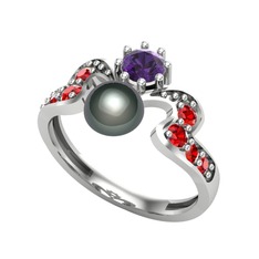 Ner İnci Yüzük - Siyah inci, ametist ve garnet 14 ayar beyaz altın yüzük #1g7kikl