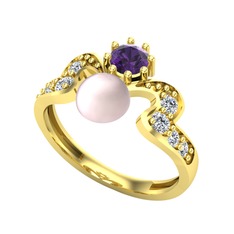 Ner İnci Yüzük - Pembe inci, ametist ve swarovski 18 ayar altın yüzük #1gehevc