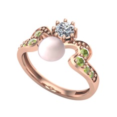 Ner İnci Yüzük - Pembe inci, beyaz zirkon ve peridot 14 ayar rose altın yüzük #1gsxum5
