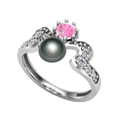 Ner İnci Yüzük - Siyah inci, pembe kuvars ve swarovski 14 ayar beyaz altın yüzük #1gwd7ym