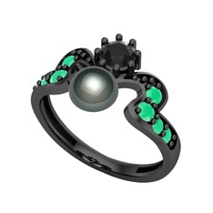 Siyah inci, siyah zirkon ve kök zümrüt 925 ayar siyah rodyum kaplama gümüş yüzük