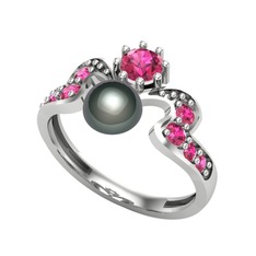 Siyah inci ve rodolit garnet 14 ayar beyaz altın yüzük