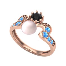 Ner İnci Yüzük - Pembe inci, siyah zirkon ve akuamarin 14 ayar rose altın yüzük #1i972tn