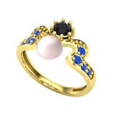 Ner İnci Yüzük - Pembe inci, siyah zirkon ve lab safir 14 ayar altın yüzük #1ibj7p6