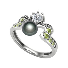 Siyah inci, pırlanta ve peridot 8 ayar beyaz altın yüzük (0.35 karat)
