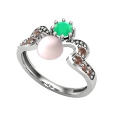 Ner İnci Yüzük - Pembe inci, kök zümrüt ve dumanlı kuvars 18 ayar beyaz altın yüzük #1ikih3n