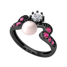 Ner İnci Yüzük - Pembe inci, pırlanta ve rodolit garnet 925 ayar siyah rodyum kaplama gümüş yüzük (0.35 karat) #1iuholt