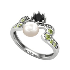 Ner İnci Yüzük - Inci, siyah zirkon ve peridot 18 ayar beyaz altın yüzük #1ixxqp0