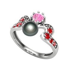 Siyah inci, pembe kuvars ve garnet 18 ayar beyaz altın yüzük
