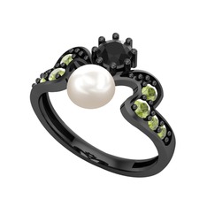 Ner İnci Yüzük - Inci, siyah zirkon ve peridot 925 ayar siyah rodyum kaplama gümüş yüzük #1jqh7iu
