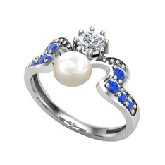 Ner İnci Yüzük - Inci, pırlanta ve lab safir 14 ayar beyaz altın yüzük (0.35 karat) #1jukiq6