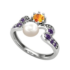 Ner İnci Yüzük - Inci, sitrin ve ametist 8 ayar beyaz altın yüzük #1jxffns