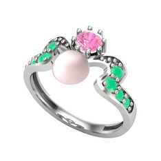 Pembe inci, pembe kuvars ve kök zümrüt 8 ayar beyaz altın yüzük
