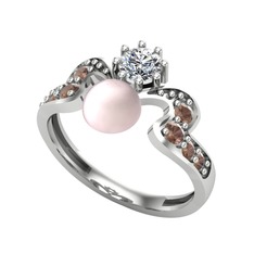 Ner İnci Yüzük - Pembe inci, swarovski ve dumanlı kuvars 18 ayar beyaz altın yüzük #1k9d8ku