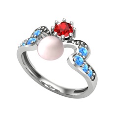 Ner İnci Yüzük - Pembe inci, garnet ve akuamarin 8 ayar beyaz altın yüzük #1kddyxi