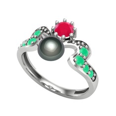 Ner İnci Yüzük - Siyah inci, kök yakut ve kök zümrüt 18 ayar beyaz altın yüzük #1kgd972