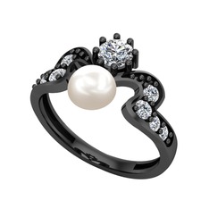 Ner İnci Yüzük - Inci, swarovski ve beyaz zirkon 925 ayar siyah rodyum kaplama gümüş yüzük #1kkivut