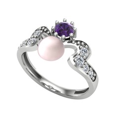 Ner İnci Yüzük - Pembe inci, ametist ve swarovski 8 ayar beyaz altın yüzük #1kstgxz