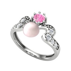 Ner İnci Yüzük - Pembe inci, pembe kuvars ve pırlanta 14 ayar beyaz altın yüzük (0.48 karat) #1kub666