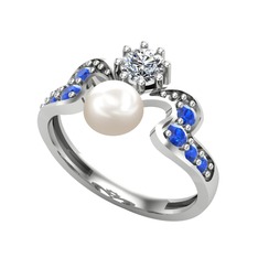 Ner İnci Yüzük - Inci, swarovski ve lab safir 8 ayar beyaz altın yüzük #1l1o6yi