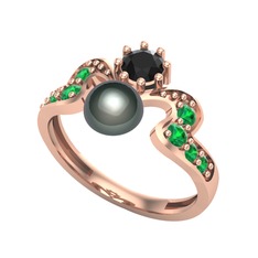Ner İnci Yüzük - Siyah inci, siyah zirkon ve yeşil kuvars 925 ayar rose altın kaplama gümüş yüzük #1lceo9t