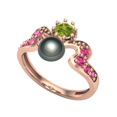 Ner İnci Yüzük - Siyah inci, peridot ve rodolit garnet 14 ayar rose altın yüzük #1ldyflf