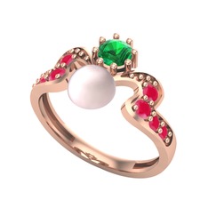 Ner İnci Yüzük - Pembe inci, yeşil kuvars ve kök yakut 18 ayar rose altın yüzük #1lqmkcy