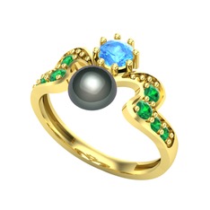 Ner İnci Yüzük - Siyah inci, akuamarin ve yeşil kuvars 18 ayar altın yüzük #1lt2290