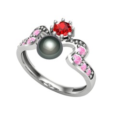 Siyah inci, garnet ve pembe kuvars 14 ayar beyaz altın yüzük
