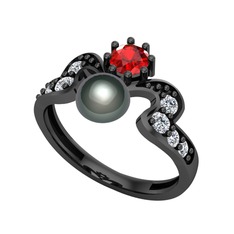 Ner İnci Yüzük - Siyah inci, garnet ve beyaz zirkon 925 ayar siyah rodyum kaplama gümüş yüzük #1mczypn