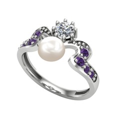 Ner İnci Yüzük - Inci, beyaz zirkon ve ametist 8 ayar beyaz altın yüzük #1md4m9z