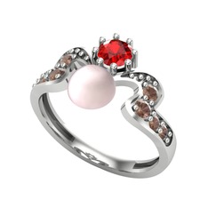 Pembe inci, garnet ve dumanlı kuvars 14 ayar beyaz altın yüzük
